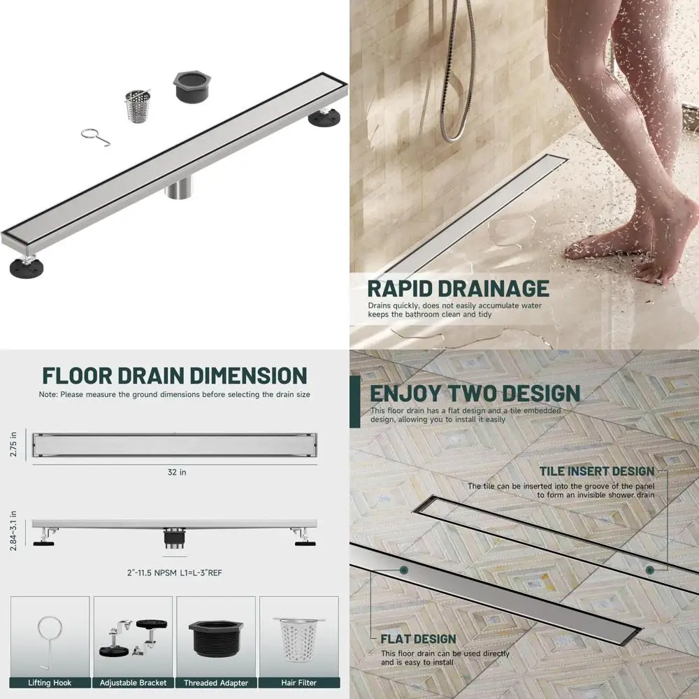 

Stainless Steel Linear Shower Drain, 32-Inch Rectangular Trench Drain with Hair Strainer for Bathroom Floor