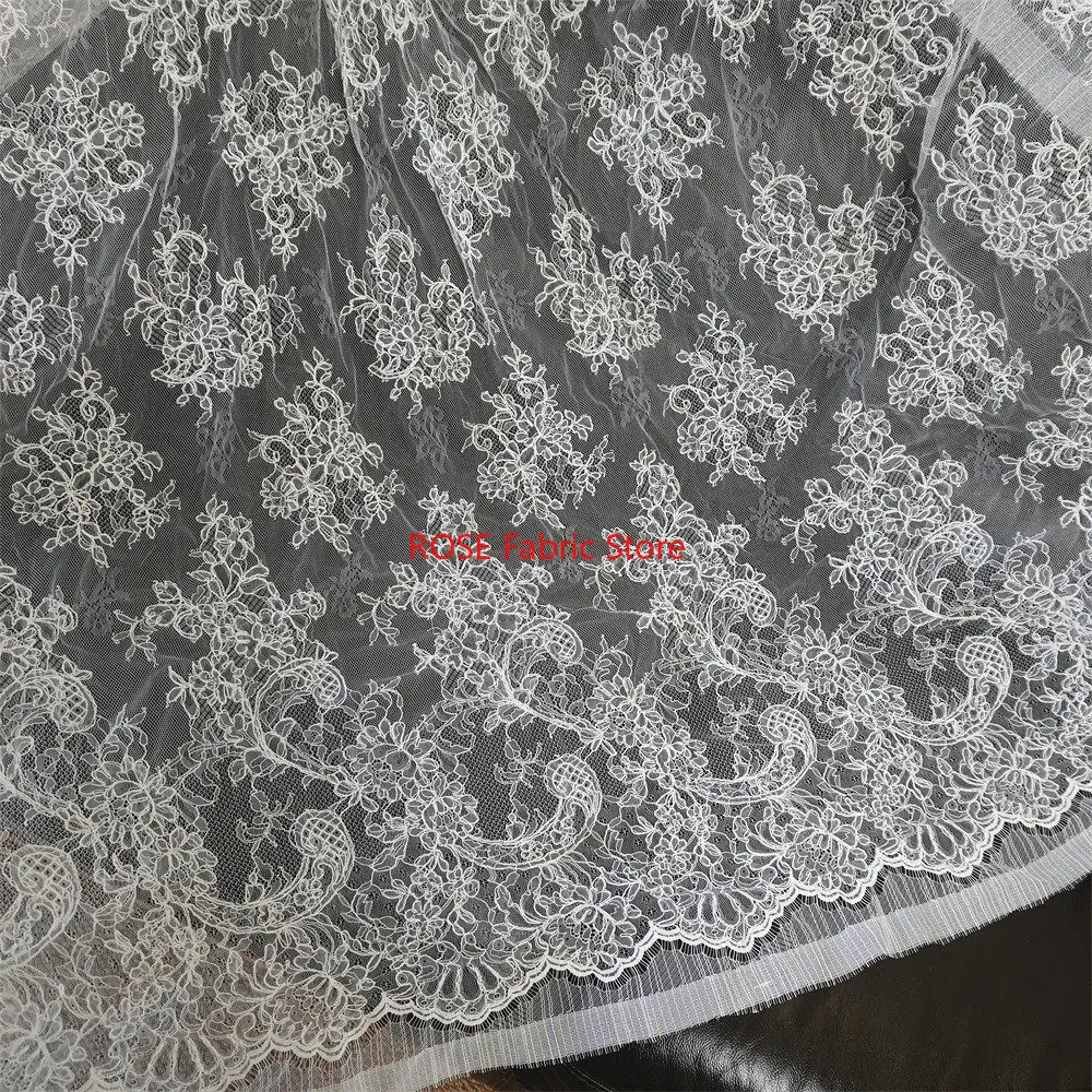 3 meters Flower Embroidery Ivory Lace Fabric Elegant For Wedding dress, evening gowns, girl dress