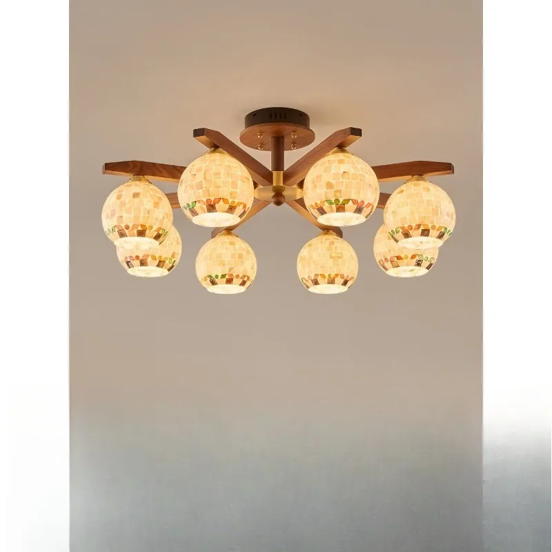 Living room chandelier, French medieval semi-hanging ceiling lamp, black walnut all-copper shell bedroom dining lamp