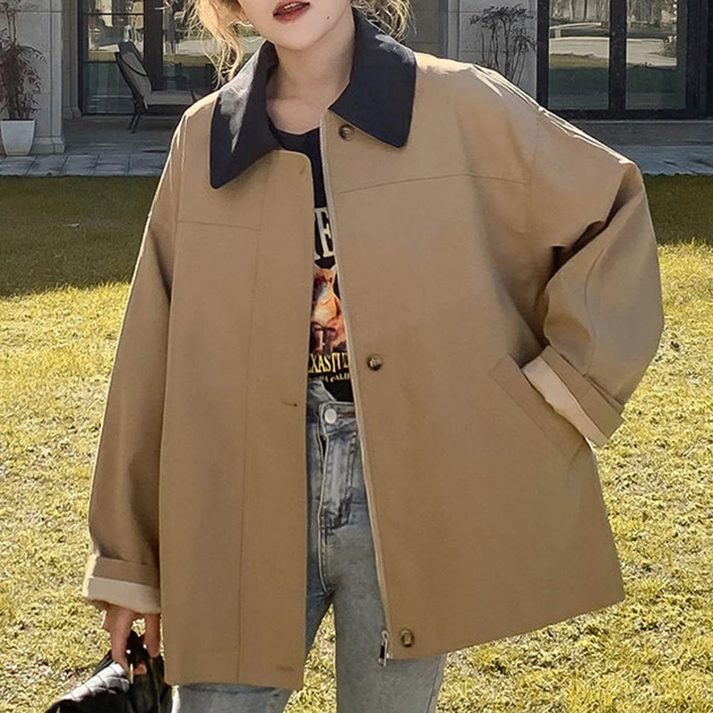 2024 Korean version spring new item lapel commuting casual loose medium long simple trench coat jacket trench