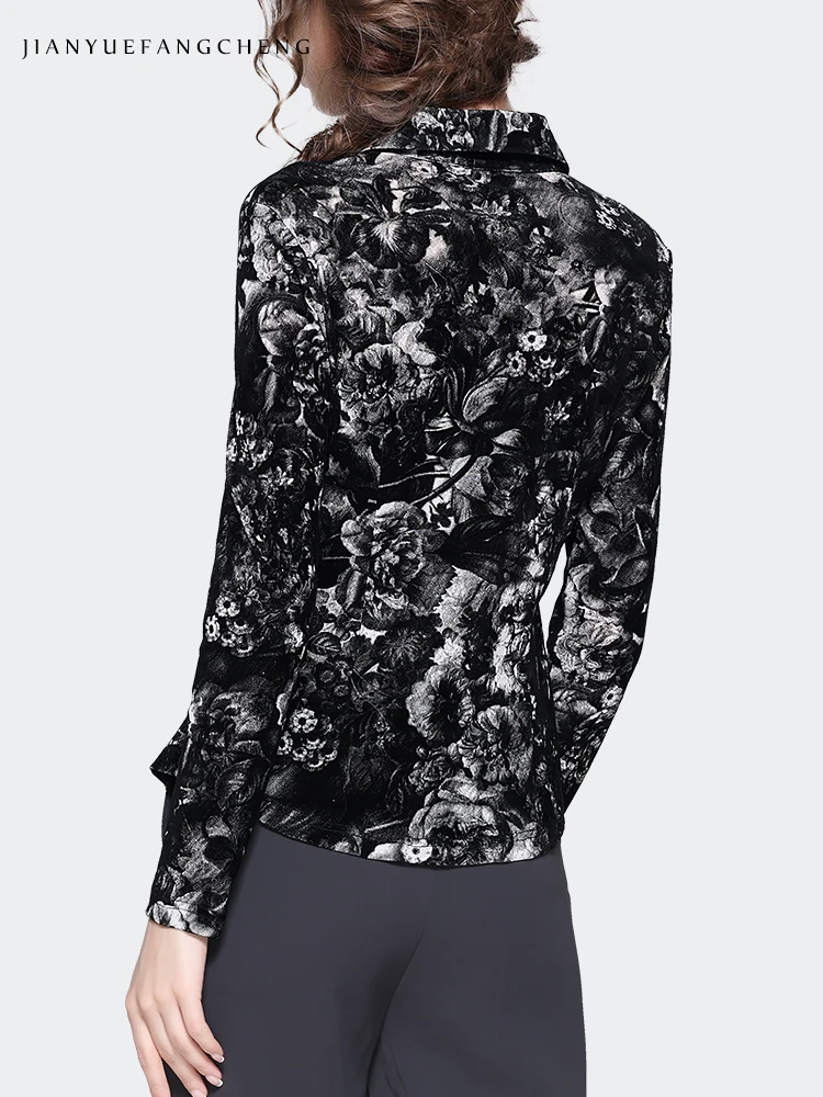 Fashion ink and wash Printed Women Long Sleeve Stretching Knitted Shirt Elegant Slim Button-down Tops Casual Floral Blouse