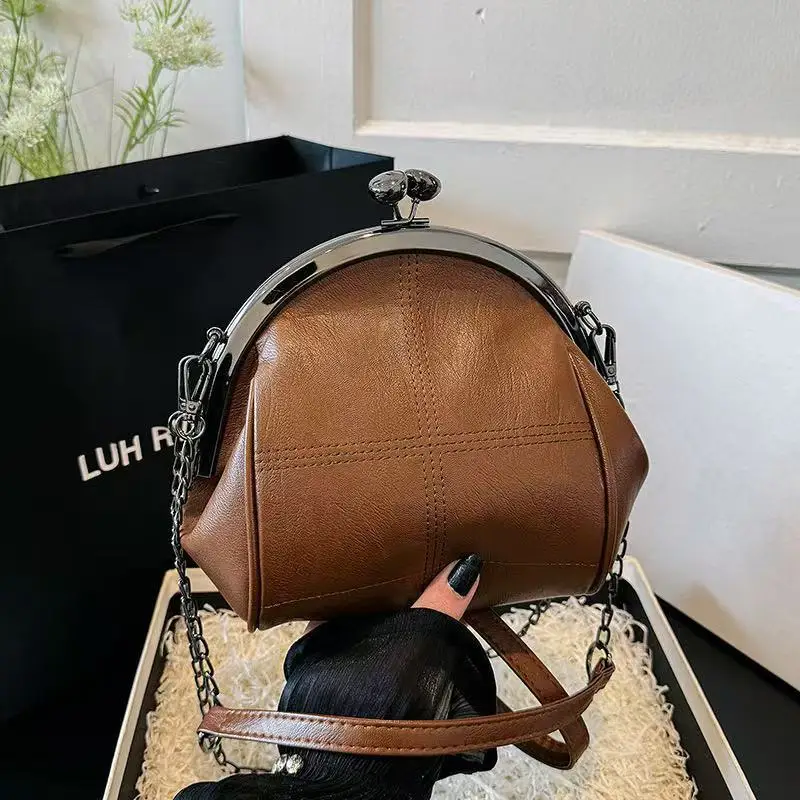

Vintage Women Handbag Kiss Lock PU Leather Clip Bags Female Retro Shoulder Bag Lady Purse Black Leather Messenger Bags For Women