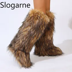 Girls Winter Thick High Fluffy Boots Ladies Furry Faux Fox Fur Long Warm Shoes Women New Designer 50CM Plush Knee High Fur Boots
