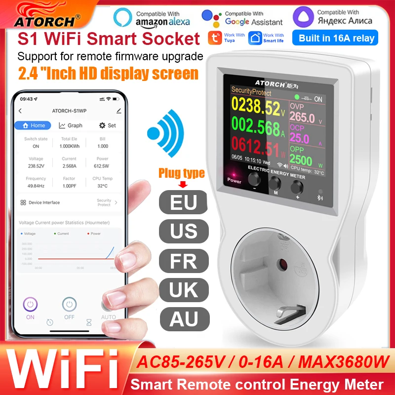 Tuya Vida Inteligente Wifi Tomada Digital Medidor de Energia Freqüência Controlador Tempo Elétrico Amp Kwh Interruptor Remoto Watmeter ac 220v