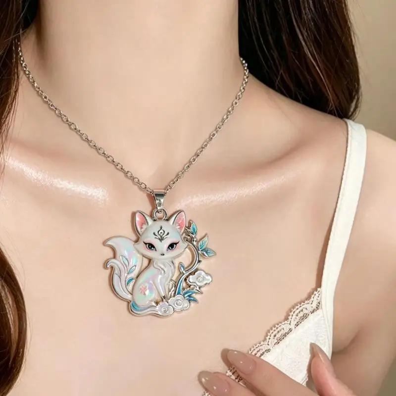 【IIOO】Chinese Mythology Nine Tailed Fox Enamel Pendant Necklace For Women Silver Tone Chain Trendy Exquisite Jewelry Gifts