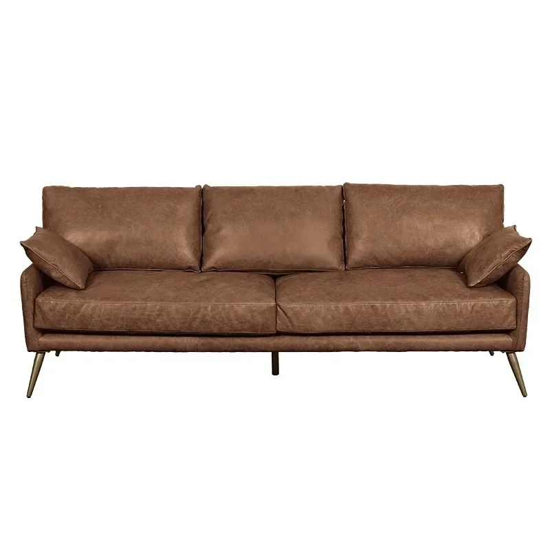 

Minimalist living room three-person small apartment straight row all leather cowhide retro medieval sofa
