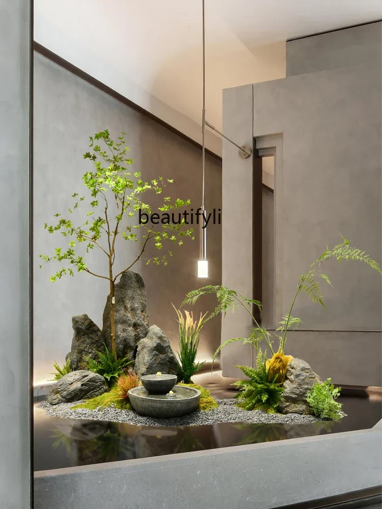 

Simulation green plant landscaping rockery stone flowing water combination restaurant leisure place fake tree landscape