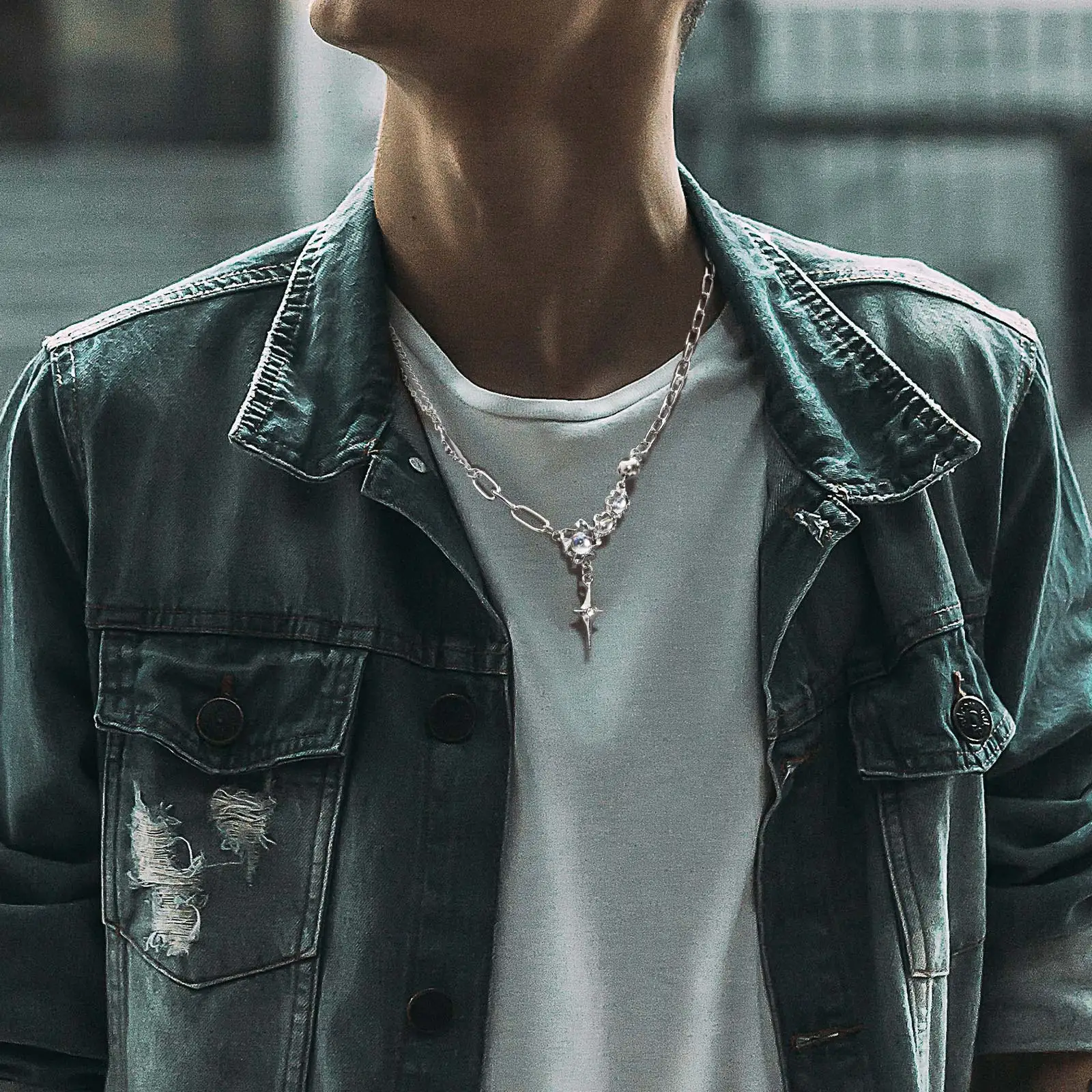Vnox Y2k Moonstone Necklaces for Men Women, Unisex Coquette Aesthetic Star Cross Necklace Jewelry Valentine\'s Day Gift