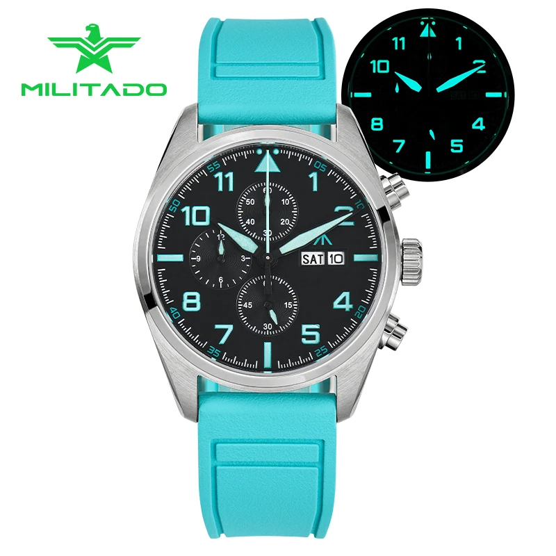 Militado Chronograph Watch ML04 Quartz Wristwatch BGW9 Luminous Clear AR Sapphire Crystal Stainless Steel 100M Men Field Watch