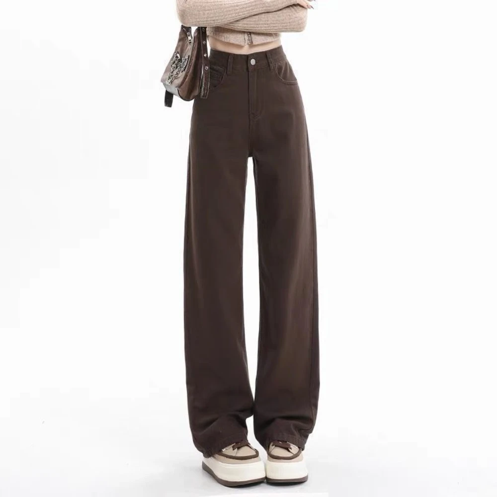American Style Fashion Retro Coffee Straight Tube Denim Pants High Waist Casual Loose Versatile Slim Pants For Women
