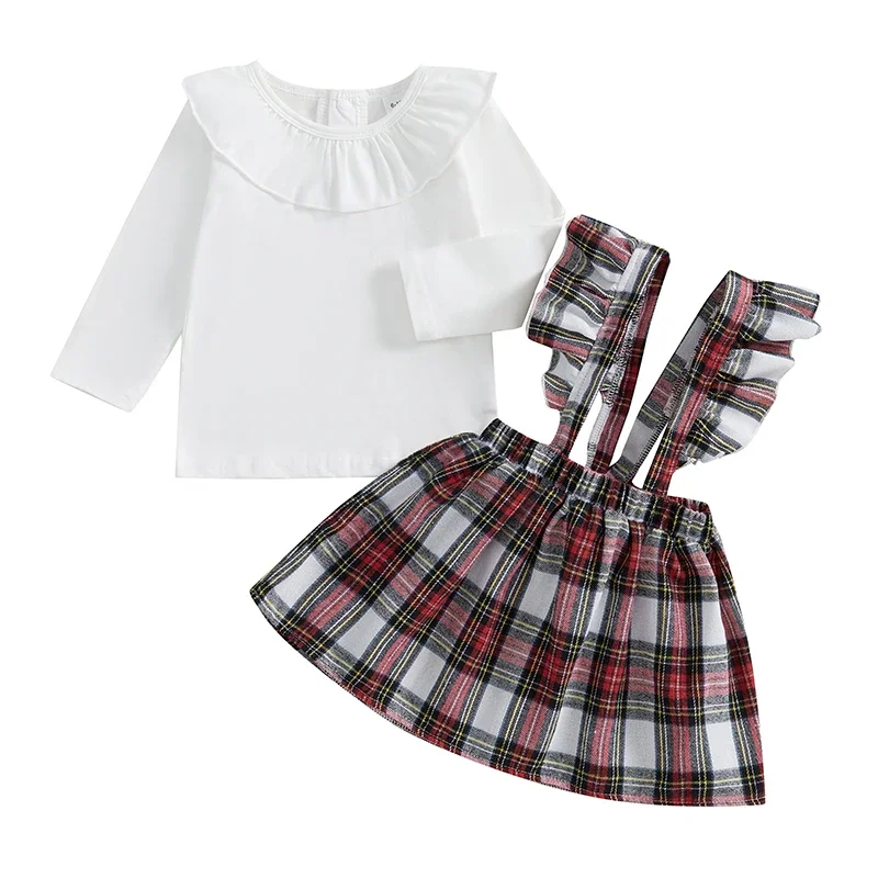 

Toddler Girl Clothes 2pcs Outfit Solid Ruffled Long Sleeve Tops with Plaid Suspender Skirt Set Baby Clothing