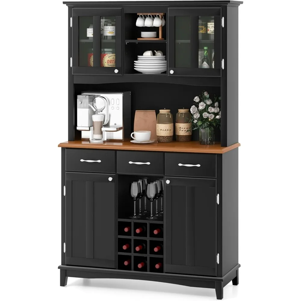 Kitchen Hutch Storage Cabinet, Freestanding Pantry Buffet Sideboard, Modern Buffet Cupboard w/Wine Rack, Adjustable Shelves