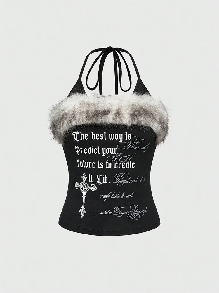 2026 Summer Women Y2K Grunge Goth Streetwear Sexy Faux Fur Trim Cross Letter Print Slim Fit Cropped Halter Neck Cami Tank Top
