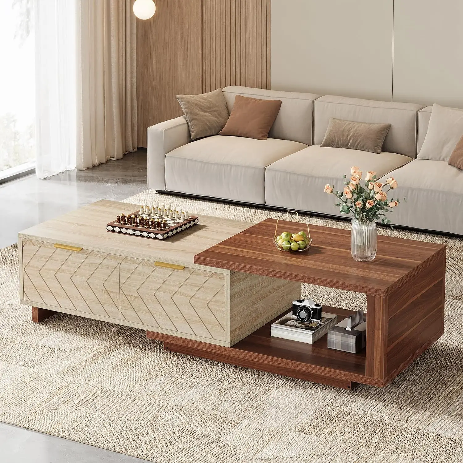 Extendable Coffee Table with 2 Drawers, Dual-Tone Sliding Top Hidden Storage Wooden Table for Living Room, Customized