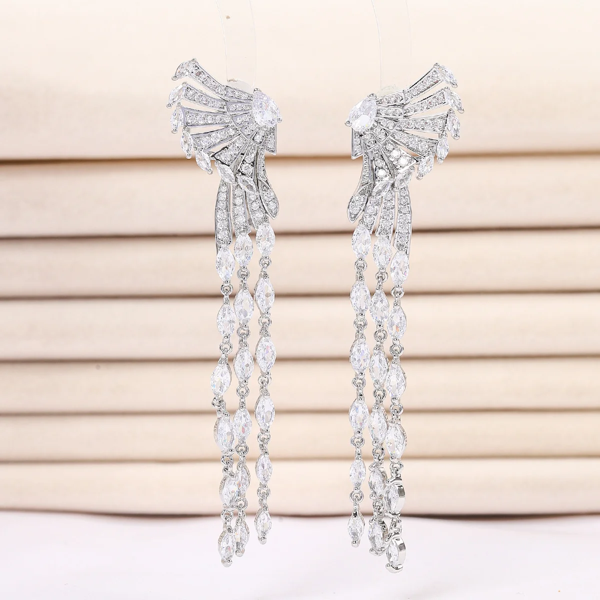 925 Silver Needle Luxury Fan Shape Gemstone Tassel Drop Earrings, Elegant Party Statement Jewelry Gift for Women