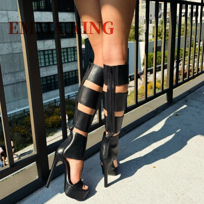 أسود مثير صنادل أرضية جولة المفتوحة تو خنجر عودة زيبر عالية الكعب قطع الأحذية موضة المنصة الصنادل المرأة الصيف #3