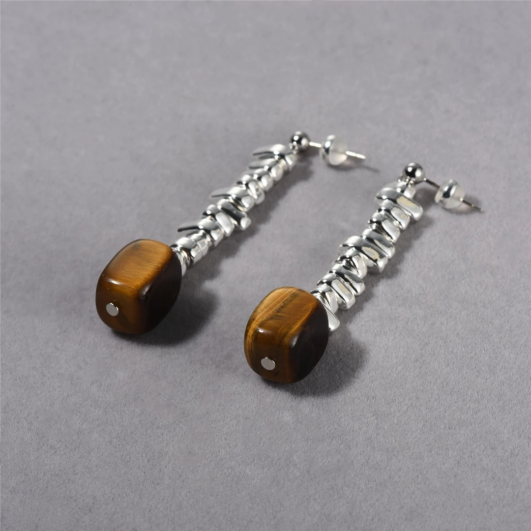 Niche Original Design Bling 925 Silver Ear Threader Tiger Eye Stone Drop Dangle Tassel Earring Unique Chic Natural Stone Jewelry