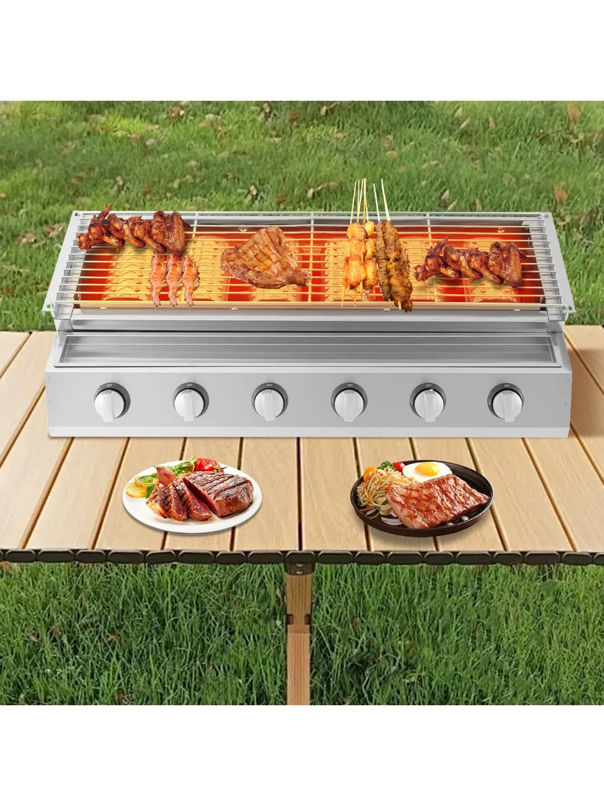 

Portable Barbecue Table Top Grill Cooking 6 Burner Gas BBQ Grill with Adjustable Temperature with Food Tray for Parties Patios
