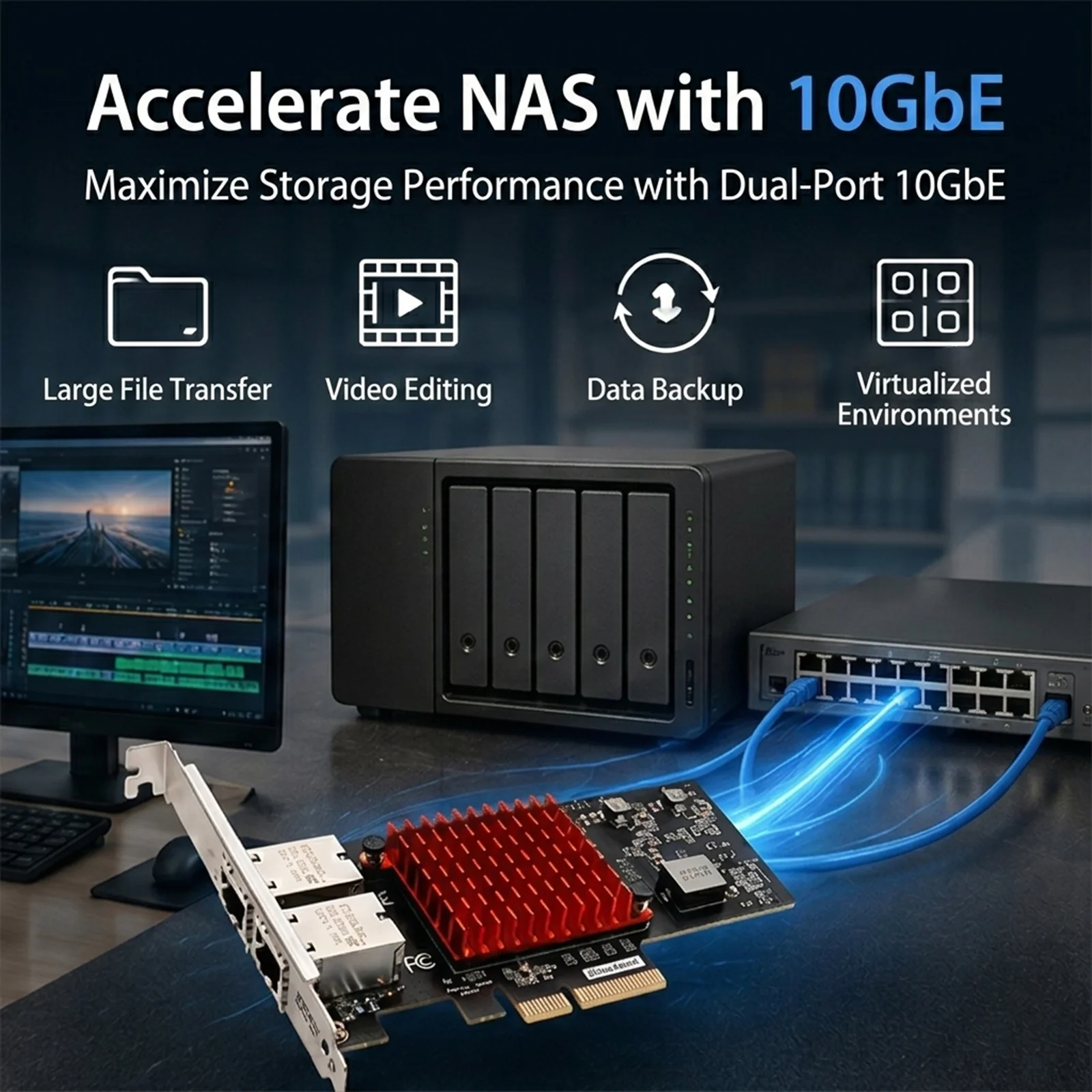 BZIZU AI Server 10GbE Network Card Dual RJ45 PCIe Adapter 10G 5G 2.5G Intel X550AT2 Ethernet for NAS Storage Linux Windows