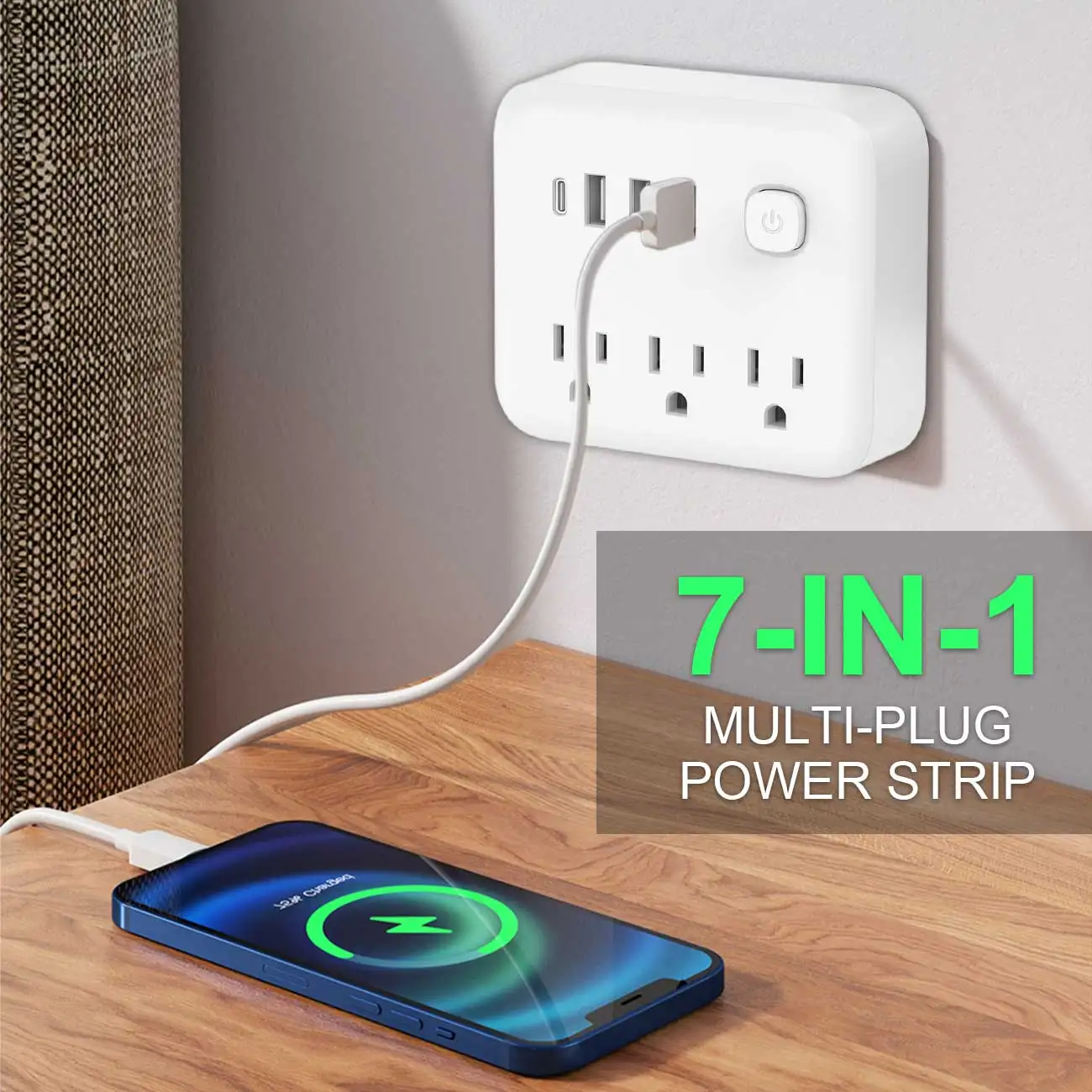 

Универсальный сетевой фильтр 7-в-1: 3 розетки переменного тока, 3 USB-порта + USB-C, защита от перенапряжения с выключателем — универсальный адаптер для дома/офиса/отеля