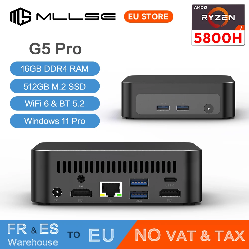 MLLSE G5 Pro Mini PC con Processore AMD Ryzen 7 5800H, 16GB RAM, 512GB SSD, Wi-Fi 6, Bluetooth 5.2, Windows 11 Pro, Mini Computer Desktop