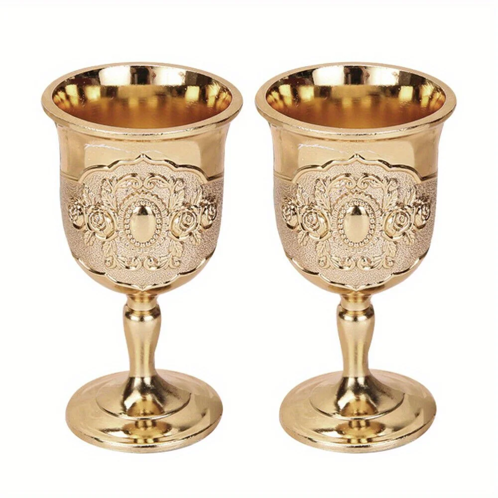 1set 2pcs Metal Vintage Goblet Unbreakable Goblets Wine Chalice Glasses Embossed Cup for Home Party Wedding Drinkware Gift