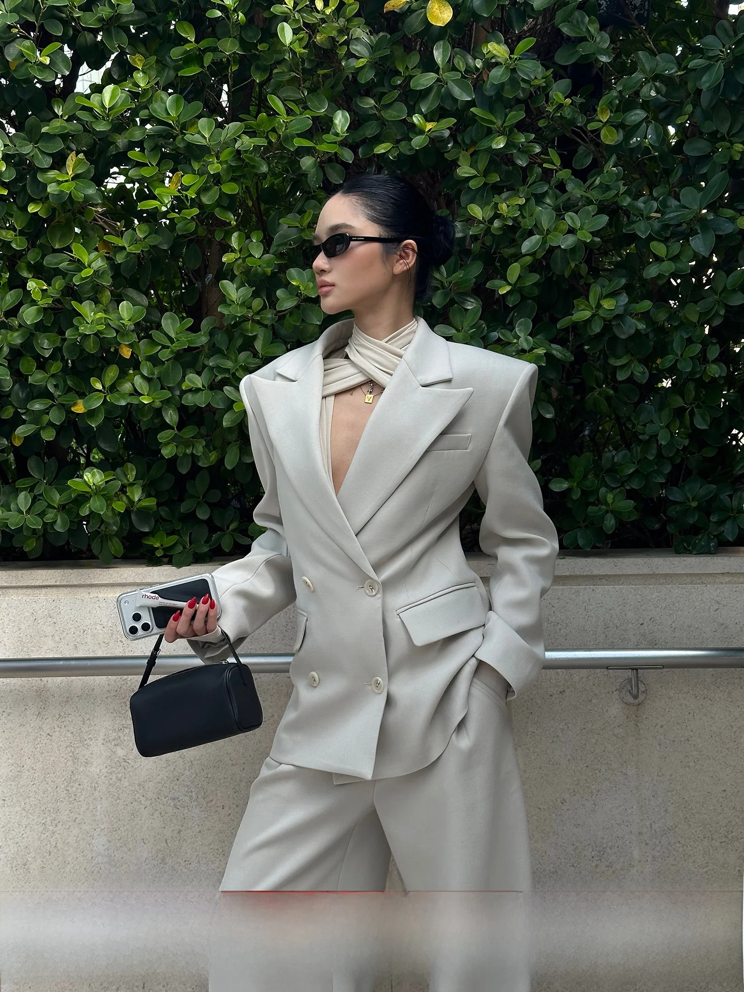 

Modern White awl Collar Suit Set Women's oulder Pad Loose Commute Outerwear Polyester Blend Long Sve Double Breasted