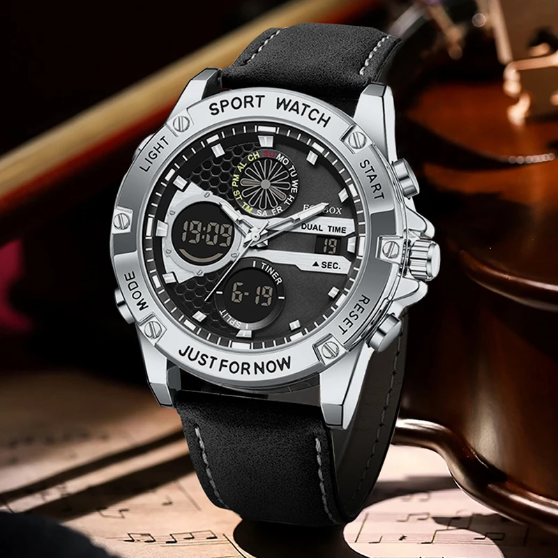 2025 فوكس بوكس ساعات رياضية للرجال قوي مضيئة عرض مزدوج مقاوم للماء كوارتز ساعة يد جلدية أصلية Relogio Masculino