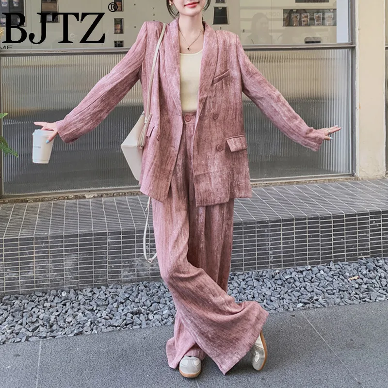 

BJTZ Pink Dyeing Blazers Two Piece Set For Women 2025 Spring Autumn New Style Street Fashion Loose Wide Leg Pants Woman Set