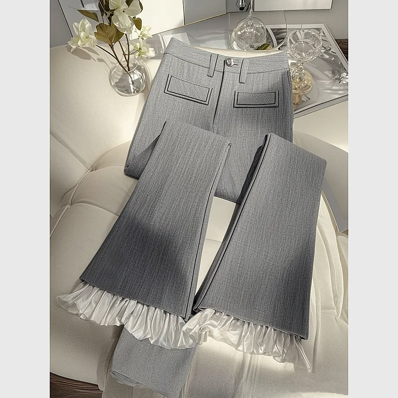 

Grey Suit Pants Spring Autumn With High Waist Straight Tube Narrow Version Simple Somfortable Office Casual Pants With Wide Legs
