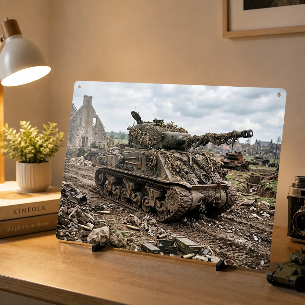 Muddy Sherman Tank in Ruined Village 3D Texture Printed Poster Custom Vintage Metal Tin Plate Sign for Wall Art Home Deco House