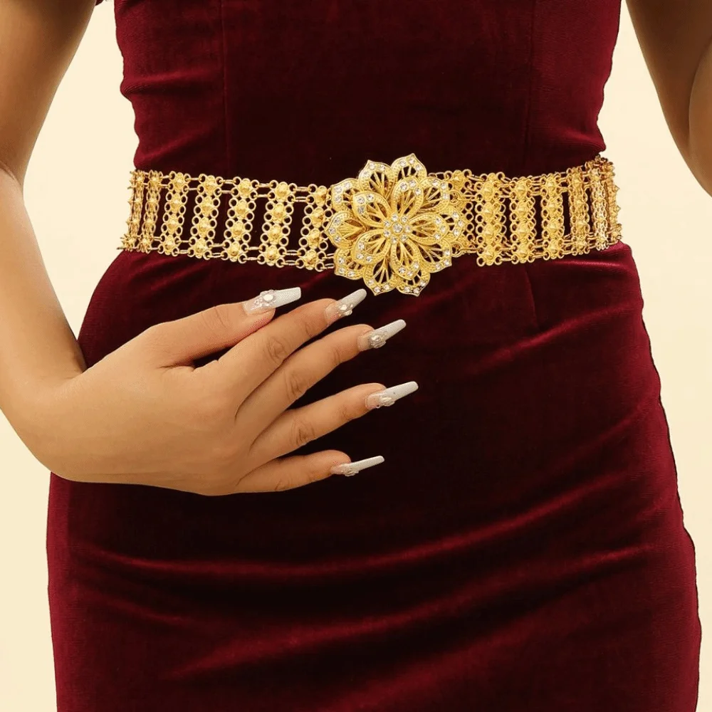 المعادن العرقية نمط حزام حجر الراين الجوف خارج الذهب حزام الزفاف شرابة مجوهرات فستان رقص حزام سلاسل الطرف الديكور #2