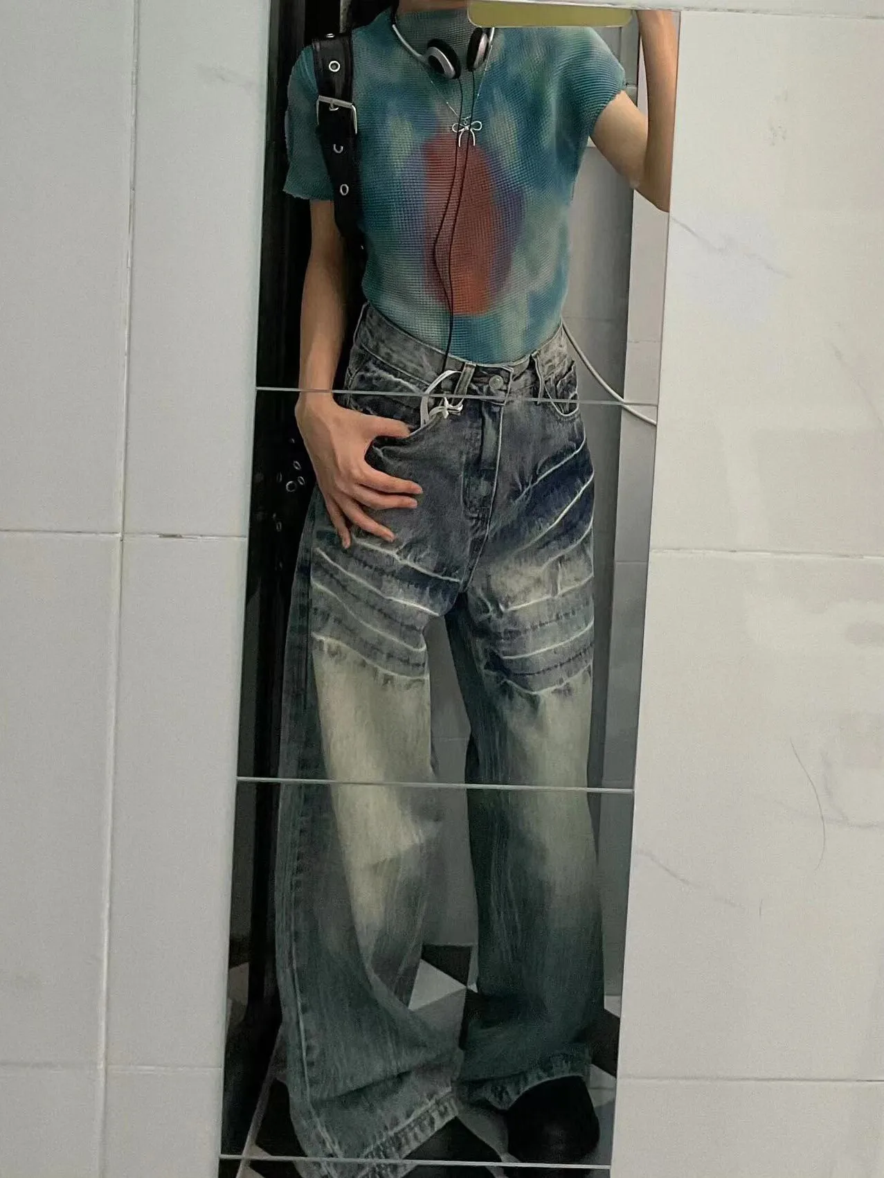 

American Retro Waed Loose Wide Leg Jeans Men's Straight Floor-Length Trousers Trendy Design Casual High Waist Jeans