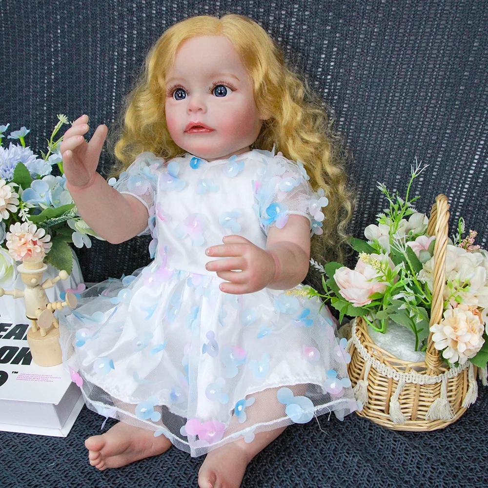 Muñeca Reborn Girl de vinilo de 22" - Pelo rubio rizado, ojos azules, vestido de princesa blanco, poseable con chupete/botella/crema de nacimiento, regalo