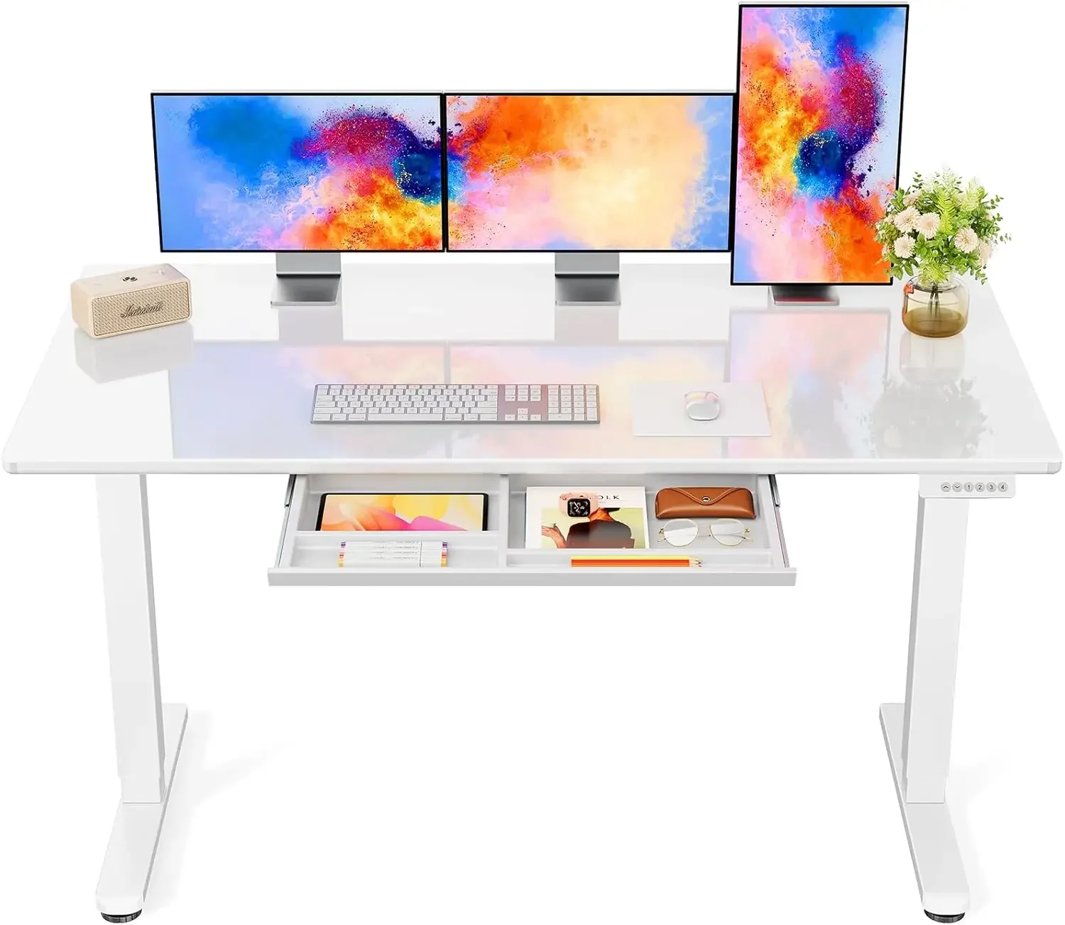 

Marsail Glass Electric Standing Desk with Drawer, 55 x 28 Inches Height-Adjustable Desk, One-Piece Tempered Glass Top, Ergonomic