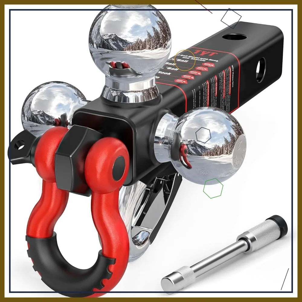 

Triple Ball Trailer Hitch for 2" Receiver, 3 Sizes (1-7/8", 2", 2-5/16") with Tow Hook & Shackle, 10,000 lbs GTW