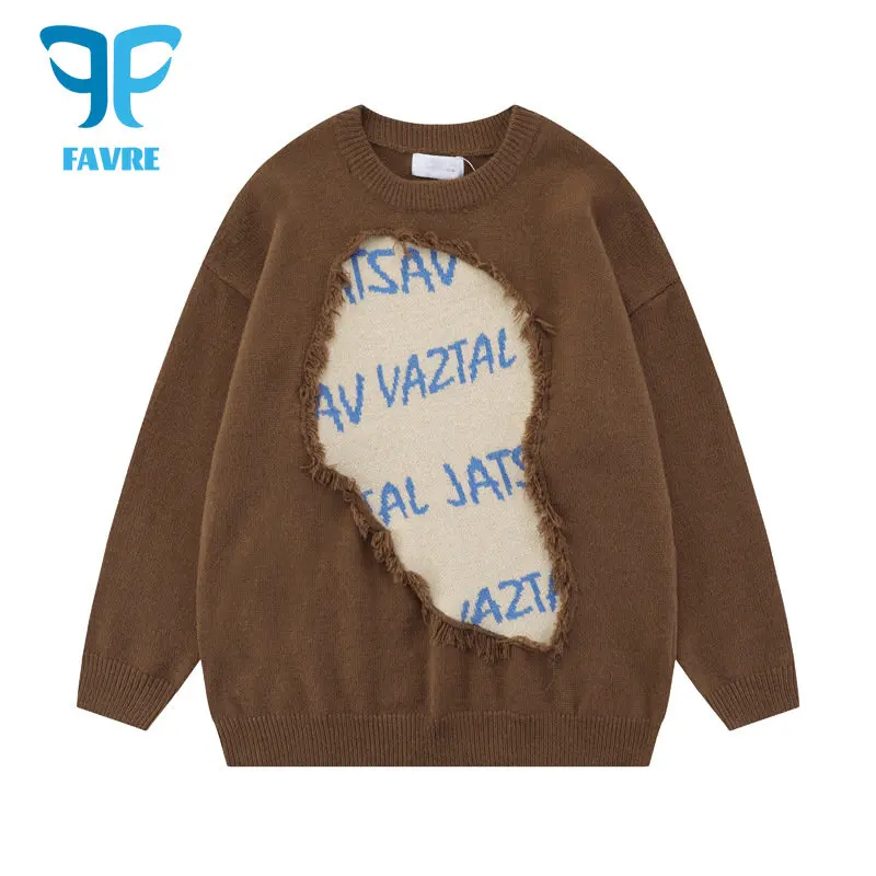 

FAVRE Autumn Winter Women Sweater O-neck Letter Destructive Stitching Raw Edge Pullover Woman Knitted Jumper Men's Clothing