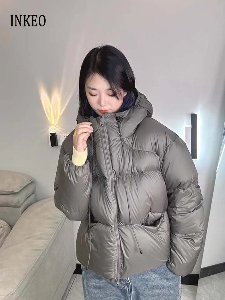 Casual Women's 90% white duck down jacket Oversize Gray Hooded long sleeve puff coat 2025 Collection Warm Solid INKEO DJ096