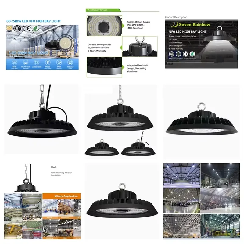 IP65 Industrial High Bay LED Lights for UFO Ceiling Fixtures SMD2835 Chip 4000K Color Temperature for Warehouses Workshops