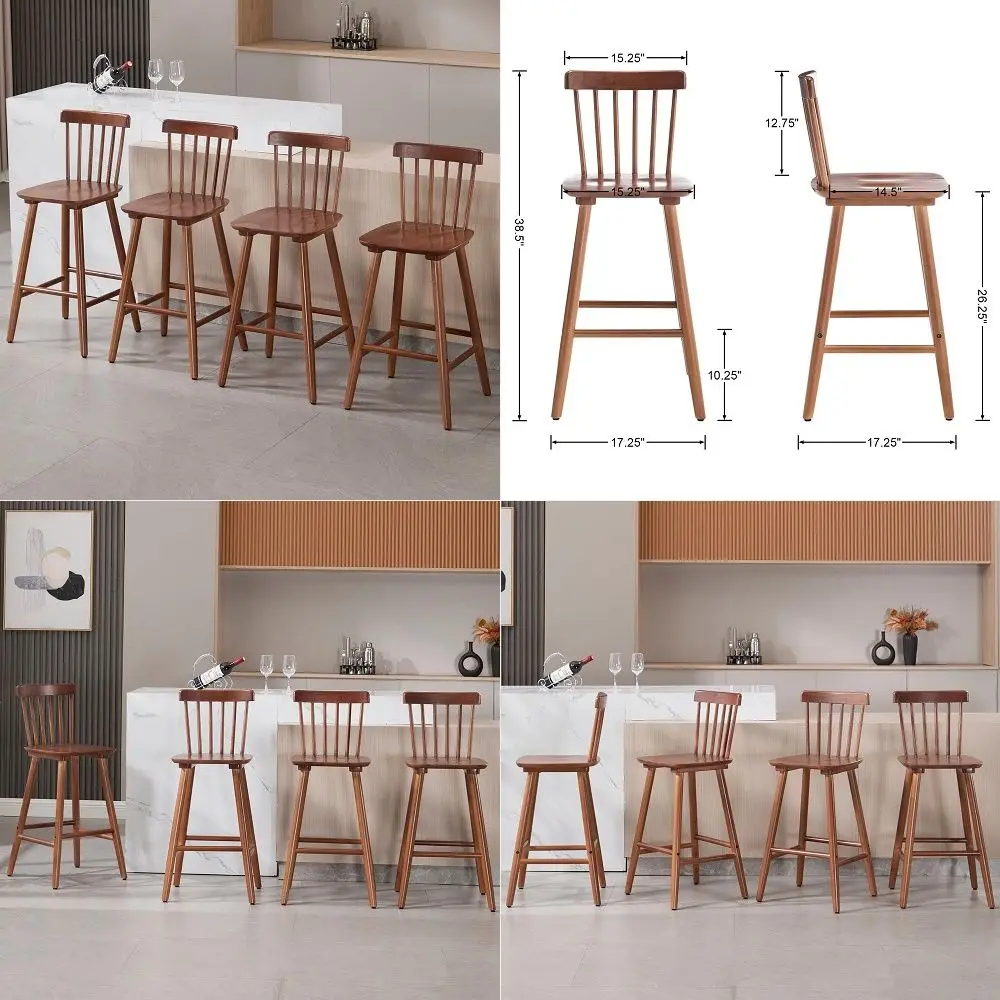 

Inch Bar Stools Set of 4 Windsor Wooden Barstools Farmhouse Counter Height Barstool with Spindle Back Armless Barchair for Kitc