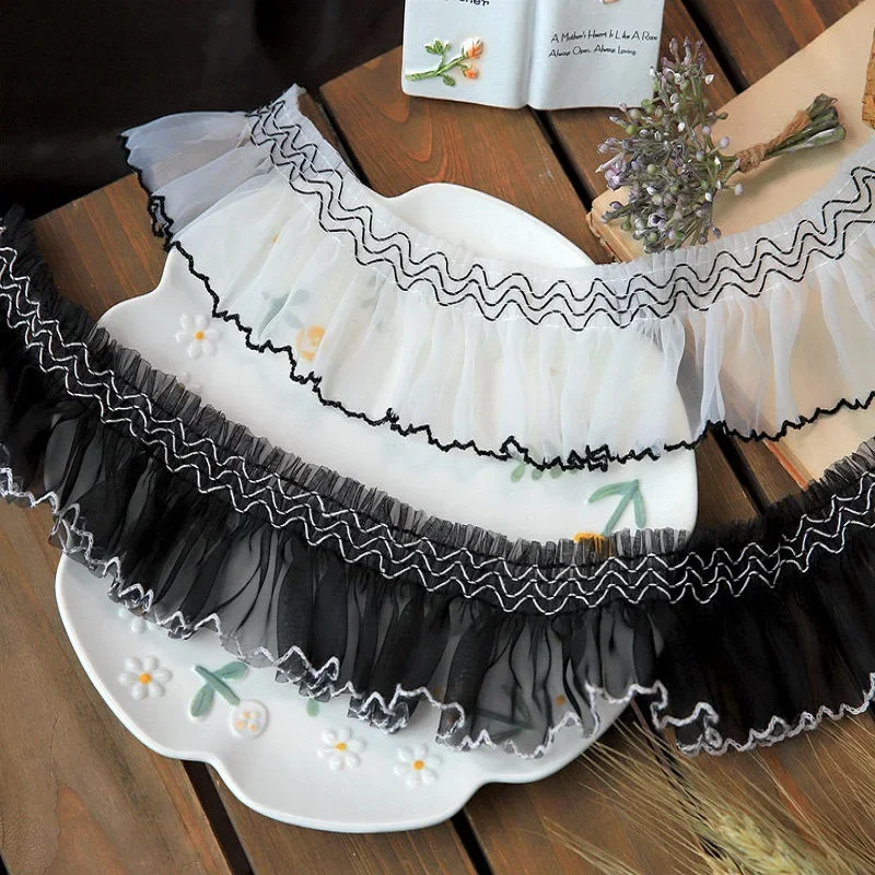 Pleated Organza Lace Ribbon Trim, Unilateral, White, Black, Ruffle, DIY Sewing, Wedding Craft, 6.8cm Wide, 2Yards