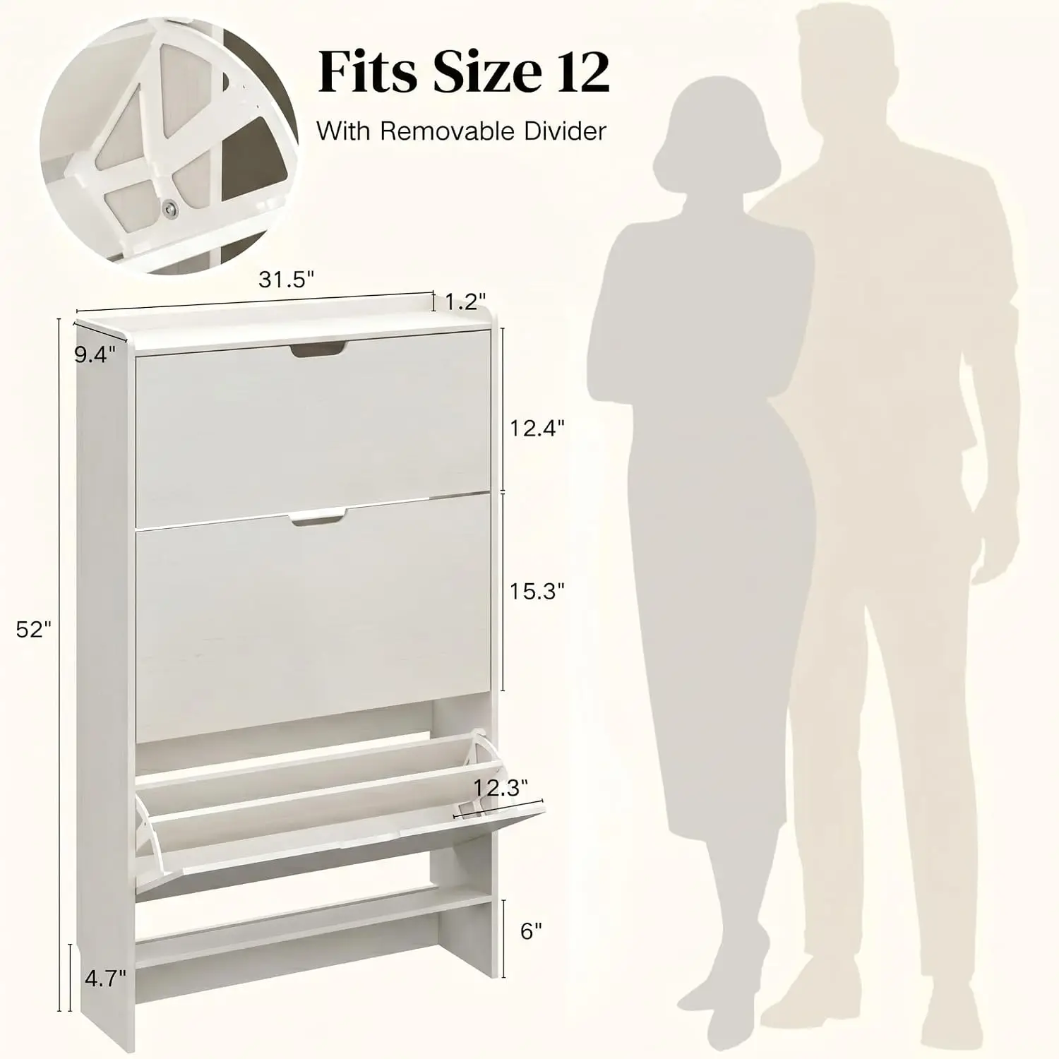White Slim Shoe Cabinet with 3 Flip Drawers, 52