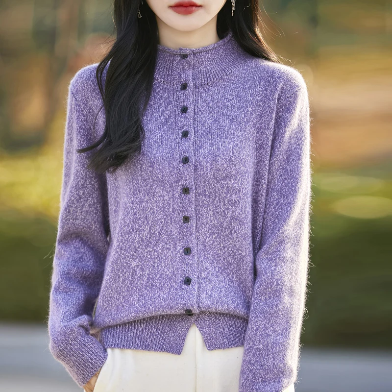 

Autumn Winter New Women's Classic Wool Knitted Pattern Cardigan Long Sleeve Button Half Height Sweater High Quality Loose Top