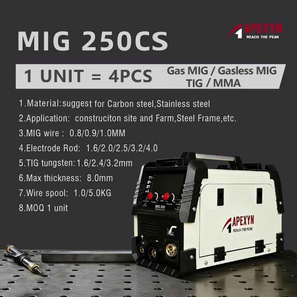 APEXYN 4-in-1 Gas/Gasless MMA TIG MIG Welding Machine 250A Inverter Portable for Home Use DIY Construction Farm 2-Year Warranty