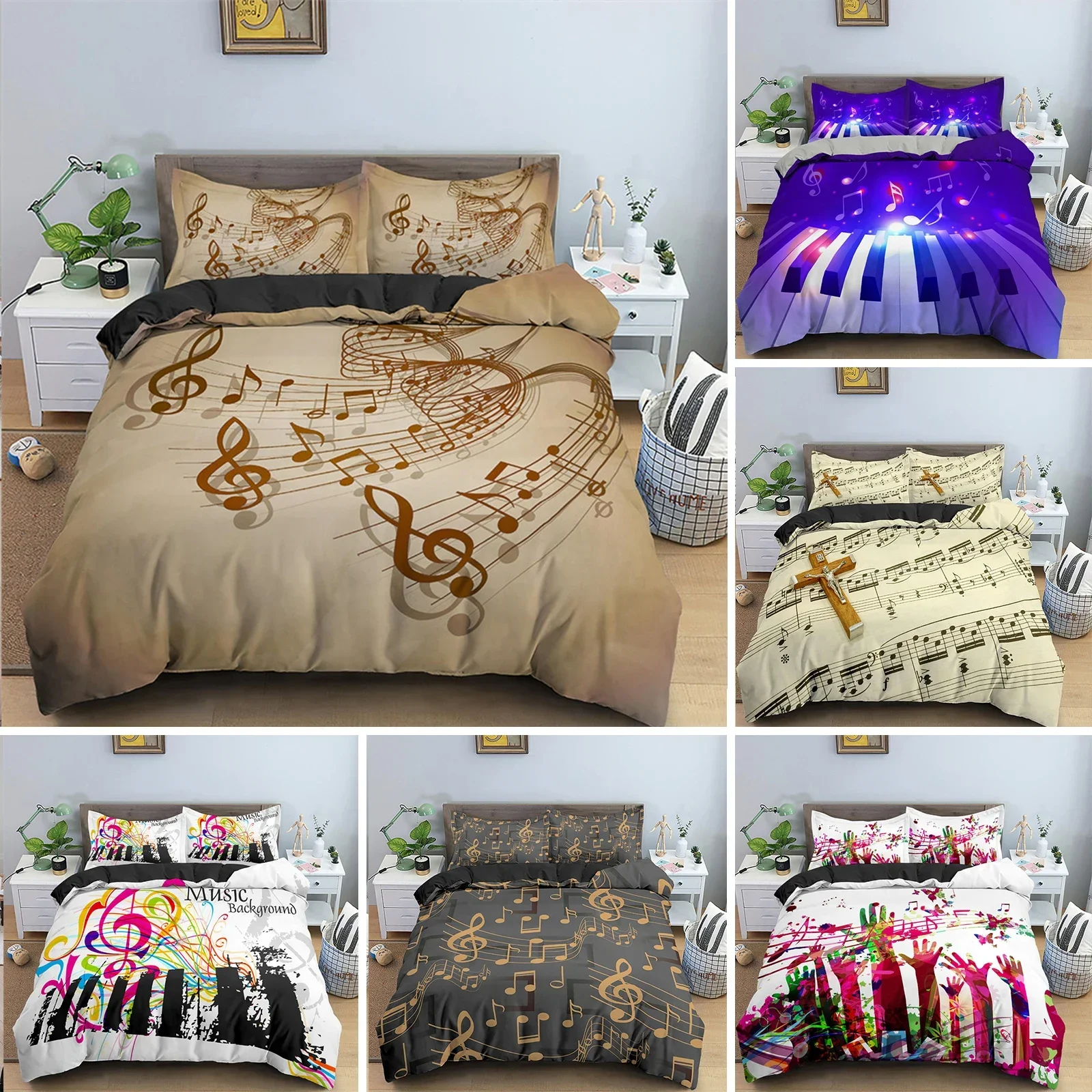 Music Theme Duvet Cover Microfiber Musical Symbols Comforter Cover Violin Piano Pattern Bedding Set Twin King Single Queen Size