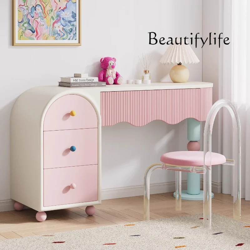 YX New Dopamine Pink Dresser, Bedroom Dresser, Cream Wind Solid Wood Integrated Chest Cabinet, Makeup Table, Storage Cabinet