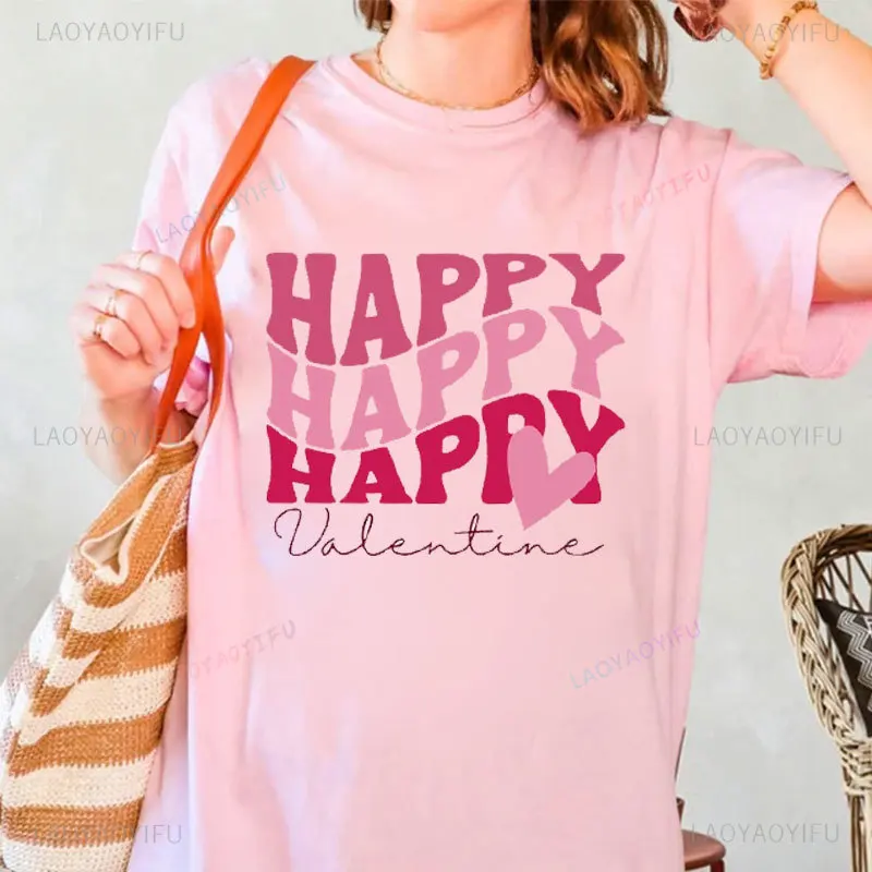 Happy Valentine Print Cotton Shirts Valentine's Day Party Outfit Tee Women Casual Short Sleeve T-shirt Lover Holiday Girls Tops