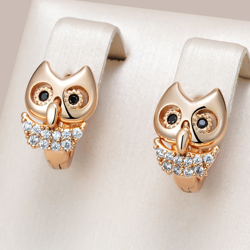 Kinel New 585 Rose Gold Color Owl Earrings For Girl Fashion Natural Zircon Accessories Child Gifts High Quality Daily Jewelry