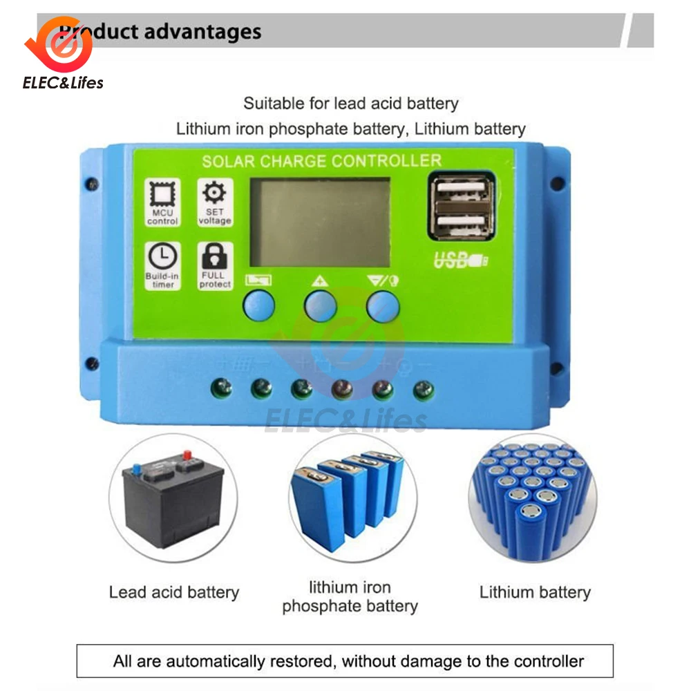 11.1V/12V/24V 10A 20A 30A Universal Solar Controller Photovoltaic Solar Charging Controller With LCD Display Dual USB Port