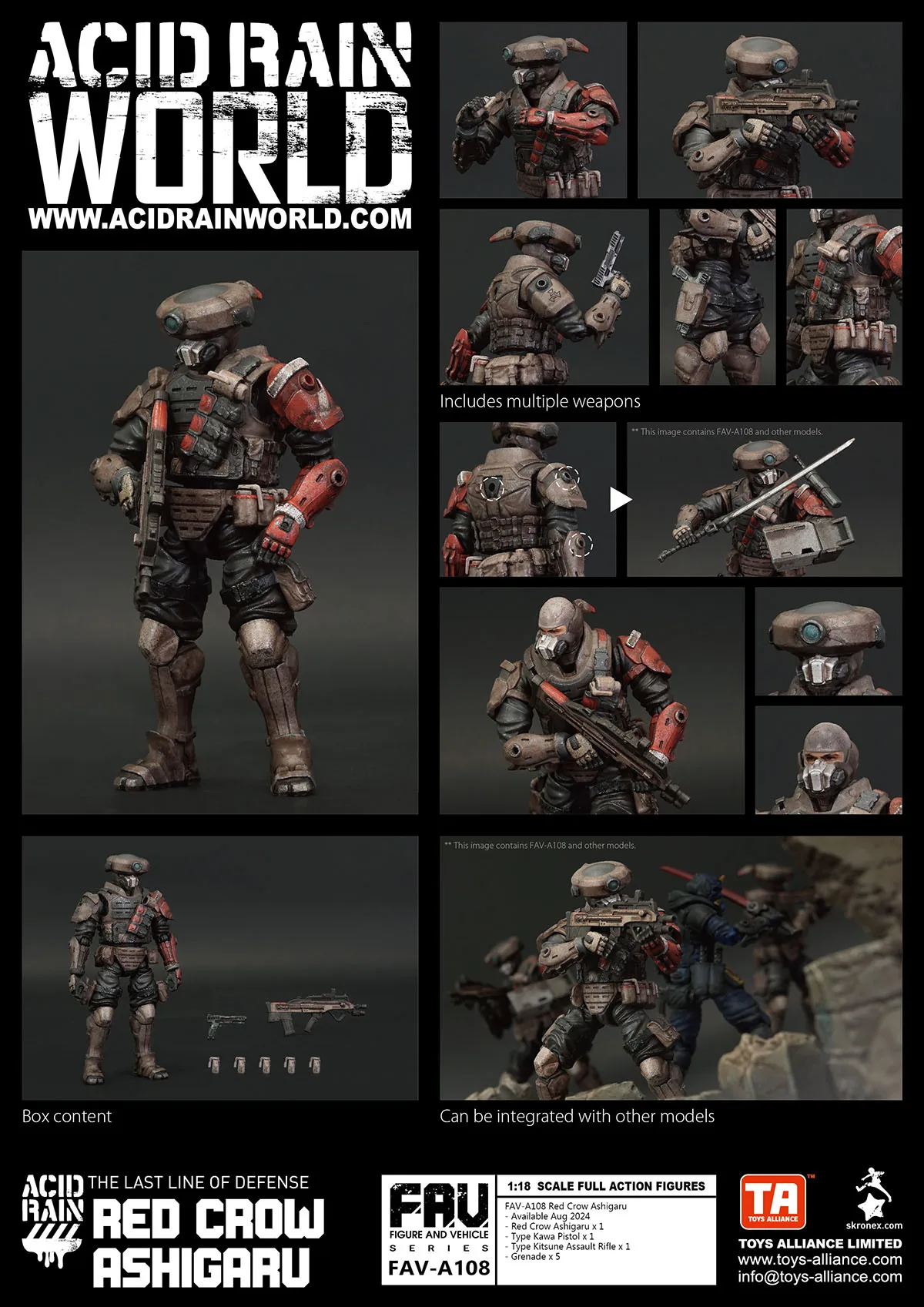 Acid Rain Action Figure FAV-A108 Red Crow Foot Light/A109 Paratrooper/A110 Red Crow Anti-Chemical Ronin 1/18 3.75inches